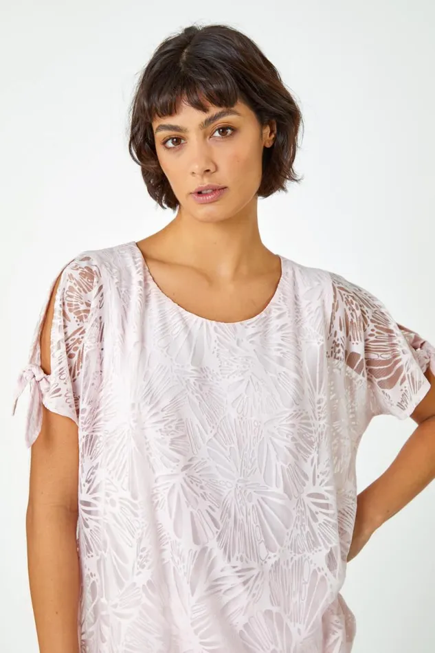 Light Pink Textured Butterfly Print Blouson Top Women Roman Tops