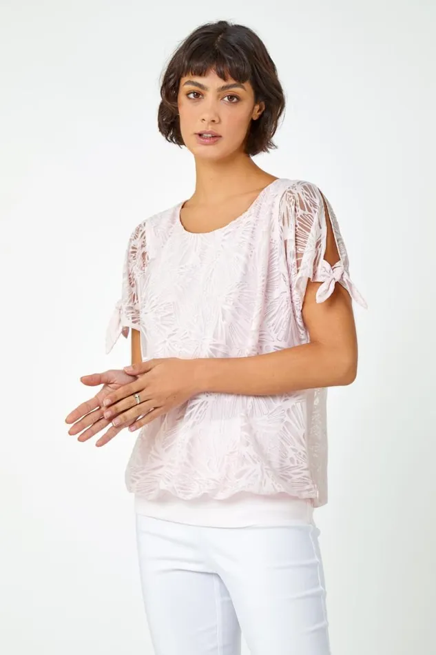 Light Pink Textured Butterfly Print Blouson Top Women Roman Tops