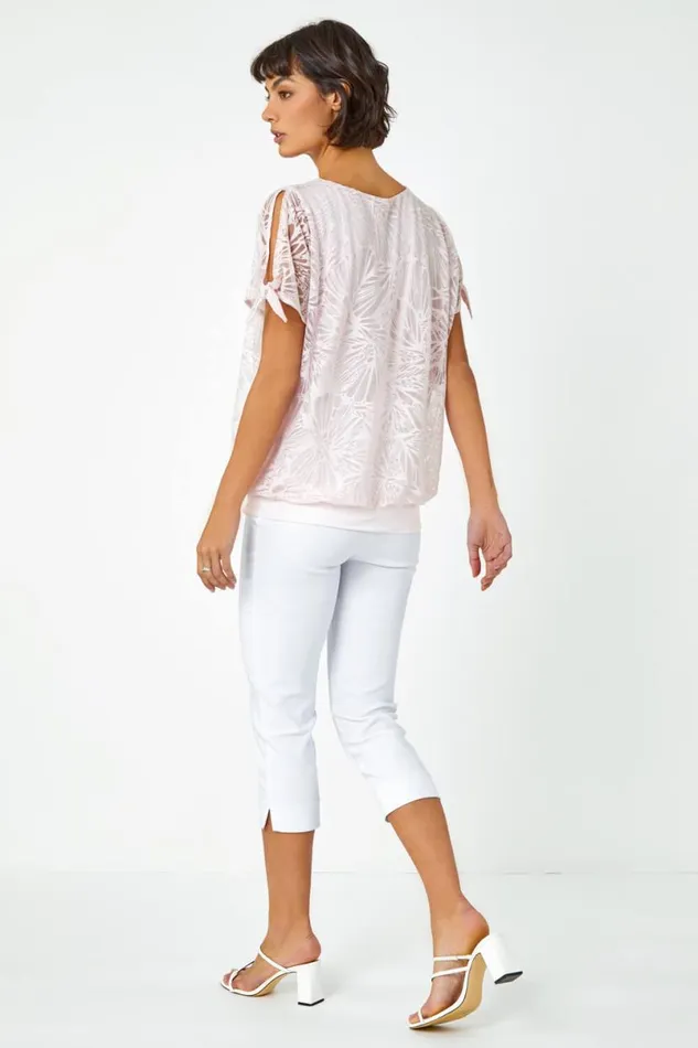 Light Pink Textured Butterfly Print Blouson Top Women Roman Tops