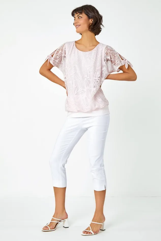 Light Pink Textured Butterfly Print Blouson Top Women Roman Tops