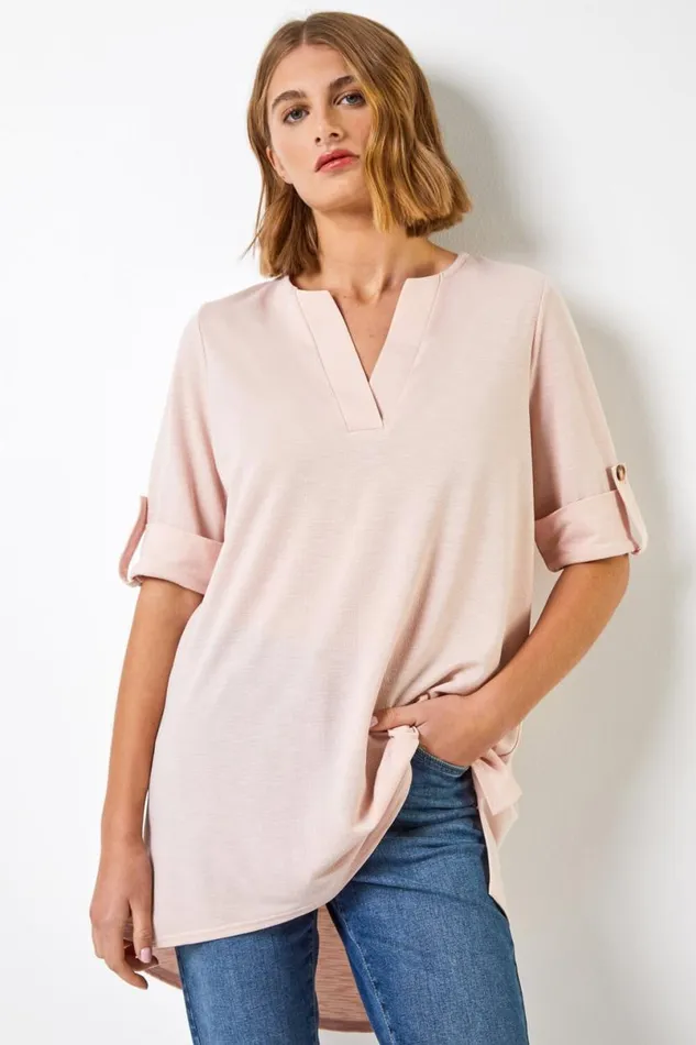Light Pink Textured Notch Neck Top Women Roman Tops