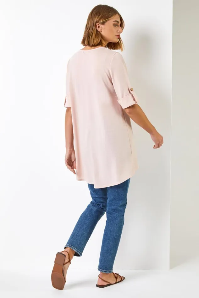 Light Pink Textured Notch Neck Top Women Roman Tops