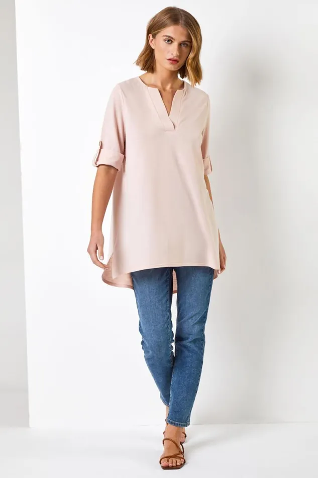 Light Pink Textured Notch Neck Top Women Roman Tops