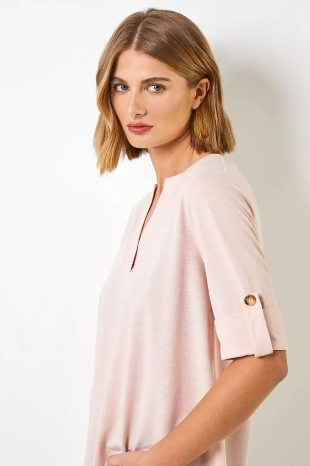 Light Pink Textured Notch Neck Top Women Roman Tops