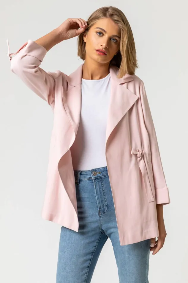 Light Pink Tie Waist Longline Jacket Women Roman Occasionwear