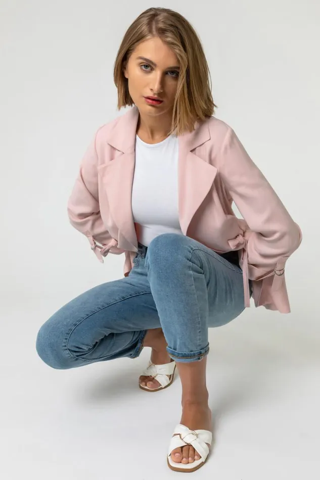 Light Pink Tie Waist Longline Jacket Women Roman Occasionwear