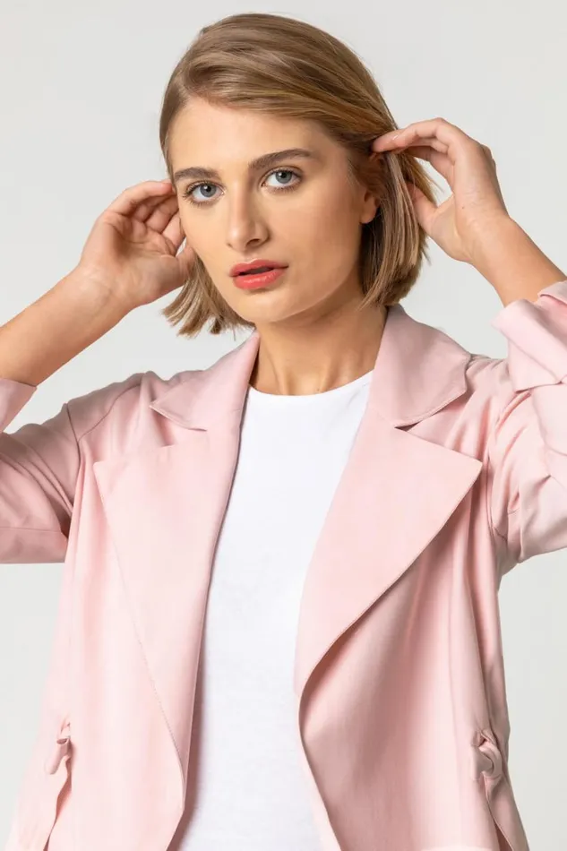 Light Pink Tie Waist Longline Jacket Women Roman Occasionwear