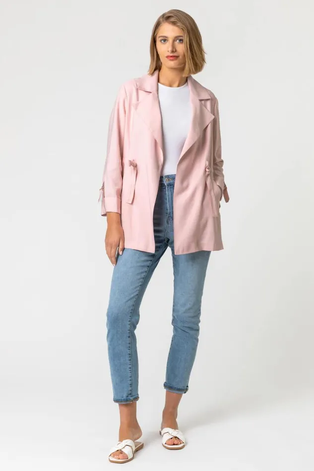 Light Pink Tie Waist Longline Jacket Women Roman Occasionwear