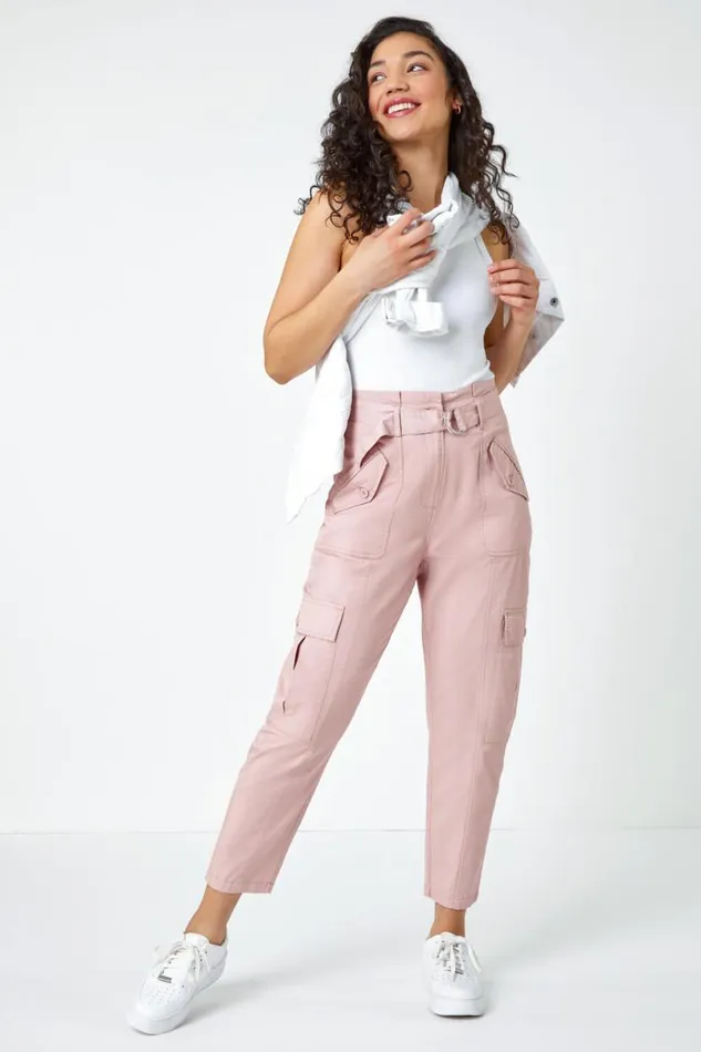 Light Pink Utility Cargo Pocket Cropped Trousers Women Roman Trousers