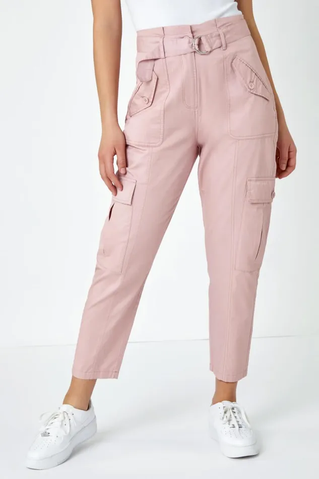 Light Pink Utility Cargo Pocket Cropped Trousers Women Roman Trousers