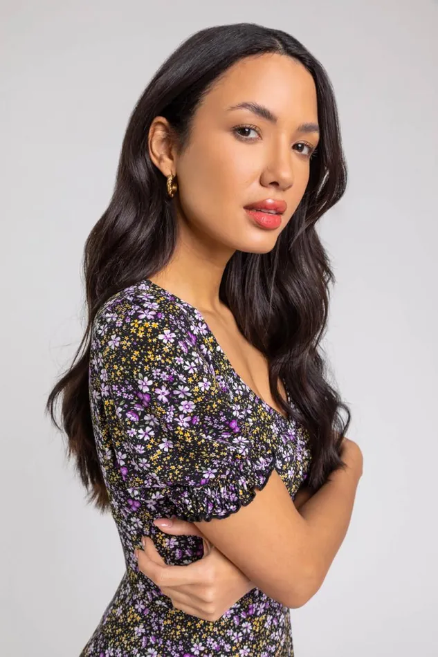 Lilac Ditsy Floral Ruched Midi Dress Women Roman Dresses