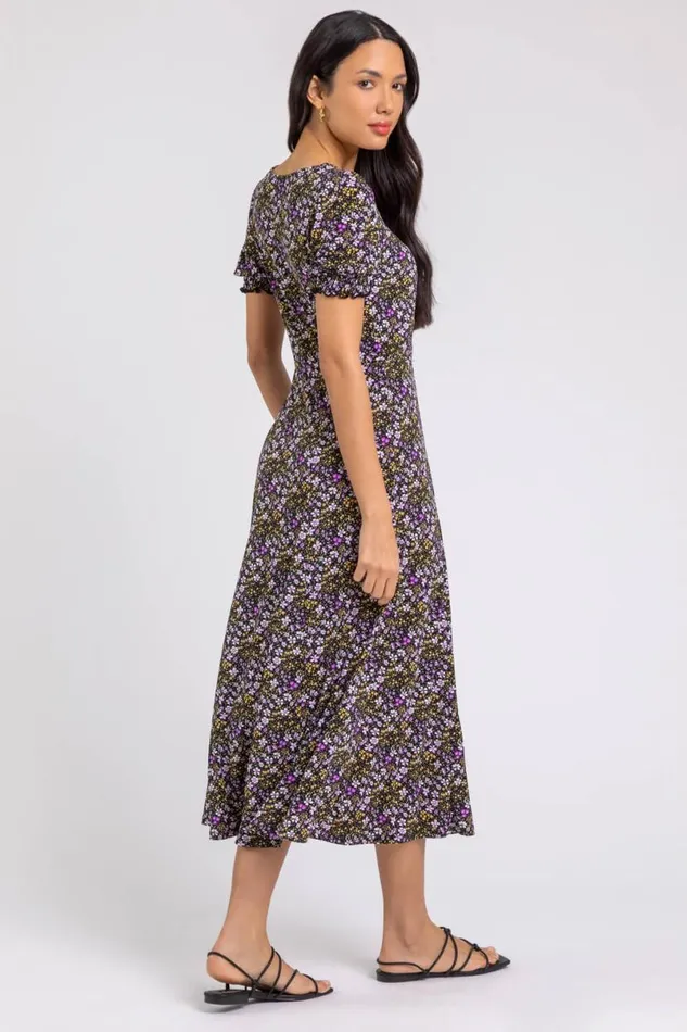 Lilac Ditsy Floral Ruched Midi Dress Women Roman Dresses
