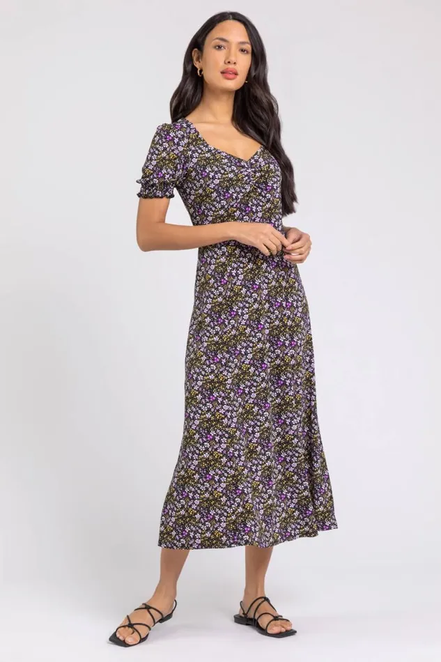 Lilac Ditsy Floral Ruched Midi Dress Women Roman Dresses