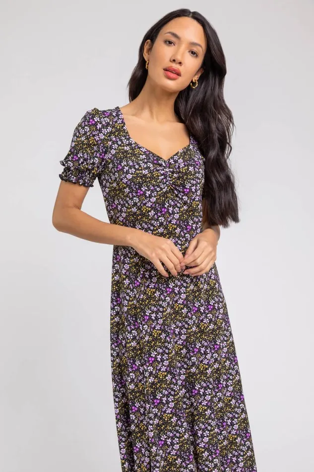 Lilac Ditsy Floral Ruched Midi Dress Women Roman Dresses