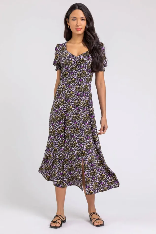 Lilac Ditsy Floral Ruched Midi Dress Women Roman Dresses