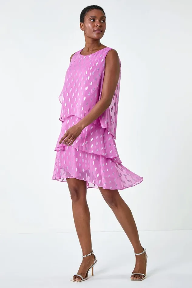 Lilac Shimmer Foil Print Tiered Dress Women Roman Dresses
