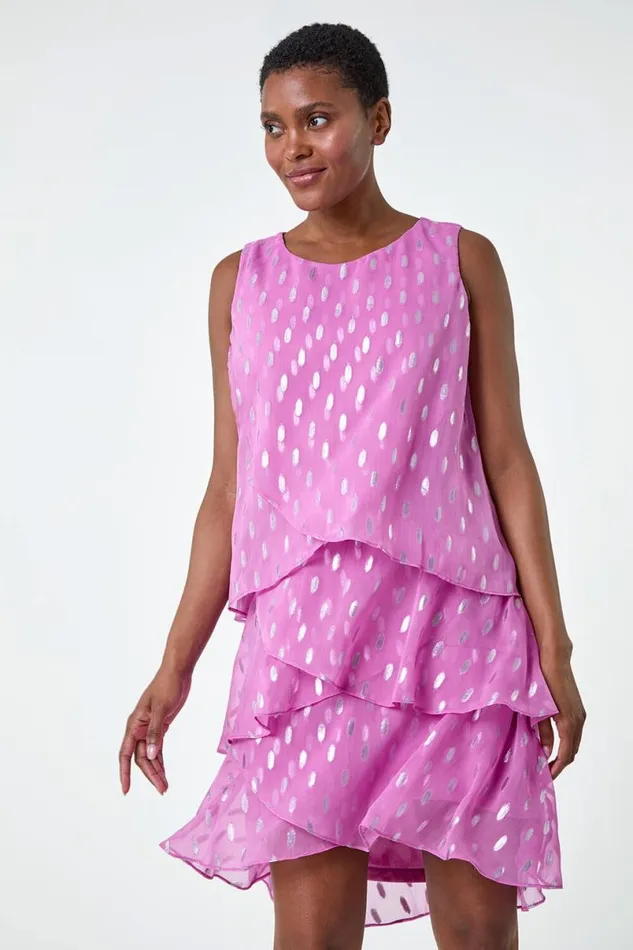 Lilac Shimmer Foil Print Tiered Dress Women Roman Dresses