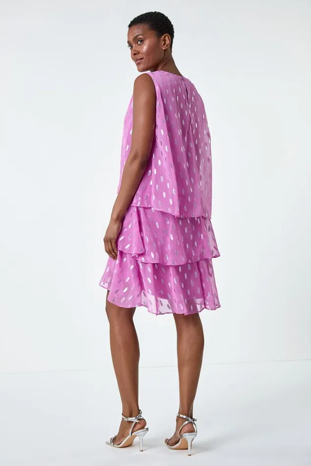 Lilac Shimmer Foil Print Tiered Dress Women Roman Dresses
