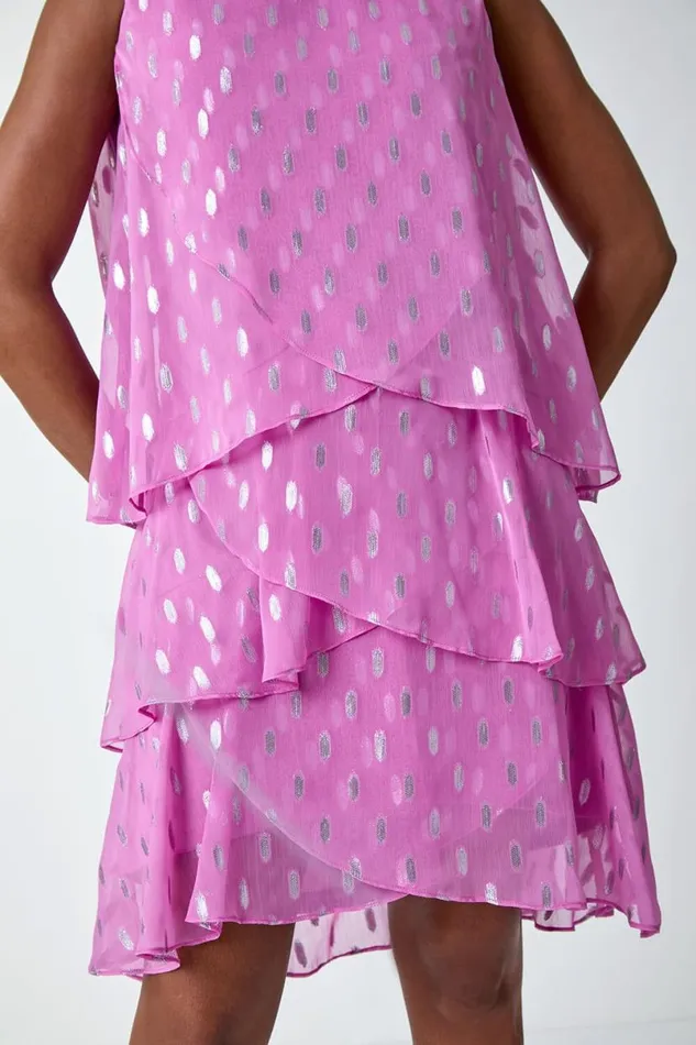 Lilac Shimmer Foil Print Tiered Dress Women Roman Dresses