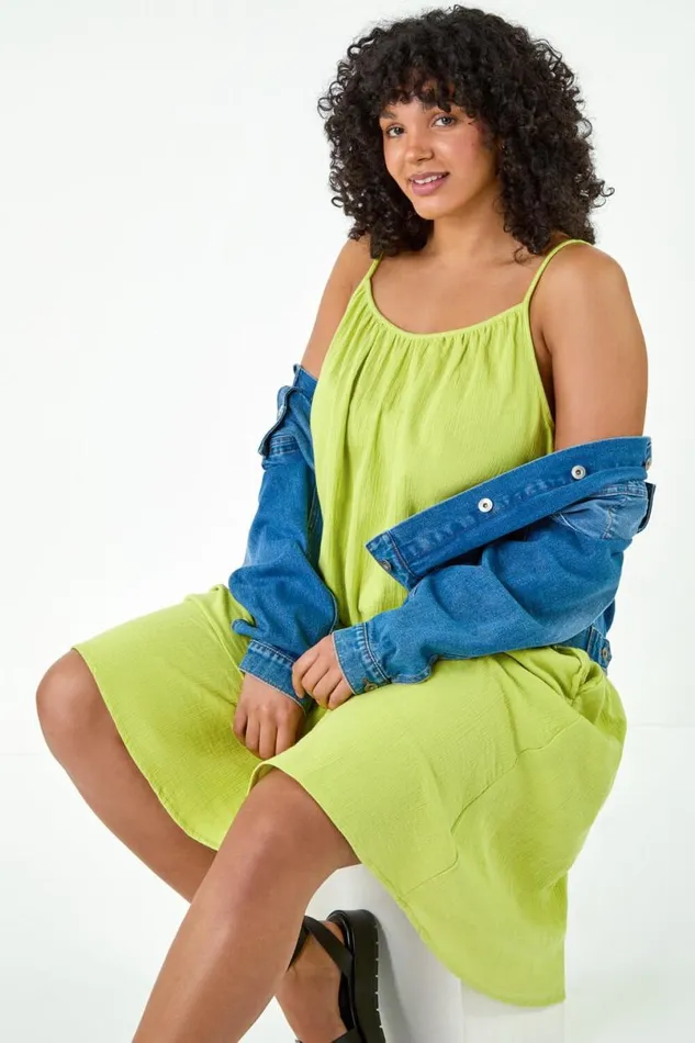 Lime Curve Strappy Cotton Pocket Dress Women Roman Dresses