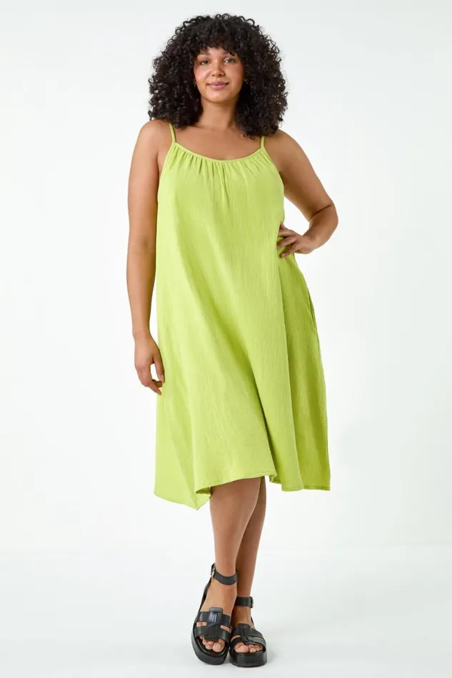 Lime Curve Strappy Cotton Pocket Dress Women Roman Dresses