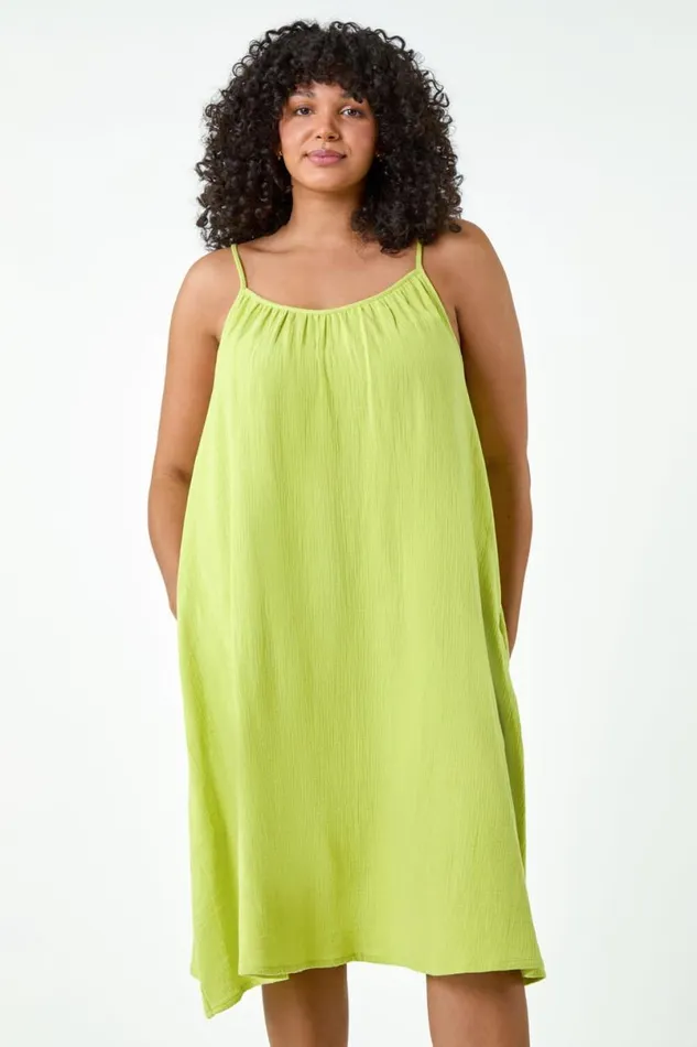 Lime Curve Strappy Cotton Pocket Dress Women Roman Dresses