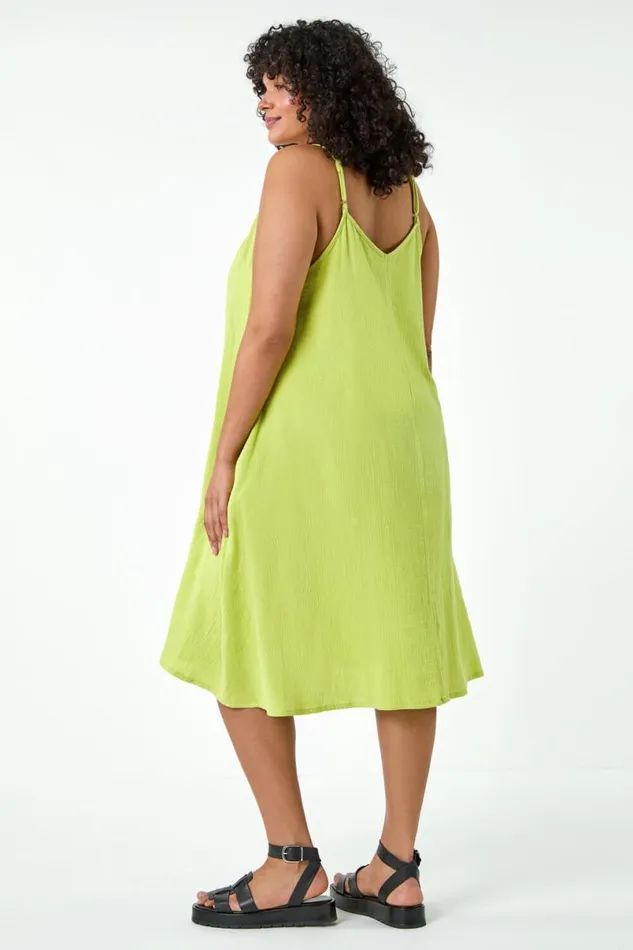 Lime Curve Strappy Cotton Pocket Dress Women Roman Dresses