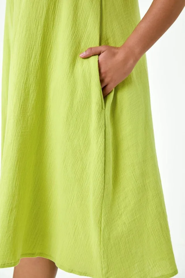 Lime Curve Strappy Cotton Pocket Dress Women Roman Dresses
