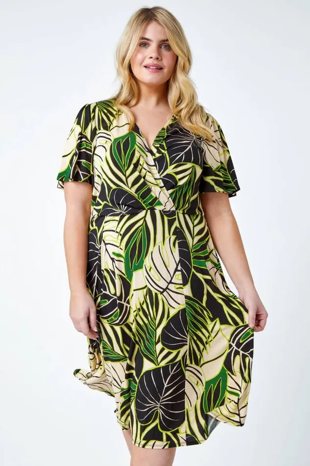 Lime Curve Tropical Leaf Stretch Wrap Dress Women Roman Dresses