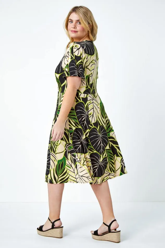 Lime Curve Tropical Leaf Stretch Wrap Dress Women Roman Dresses