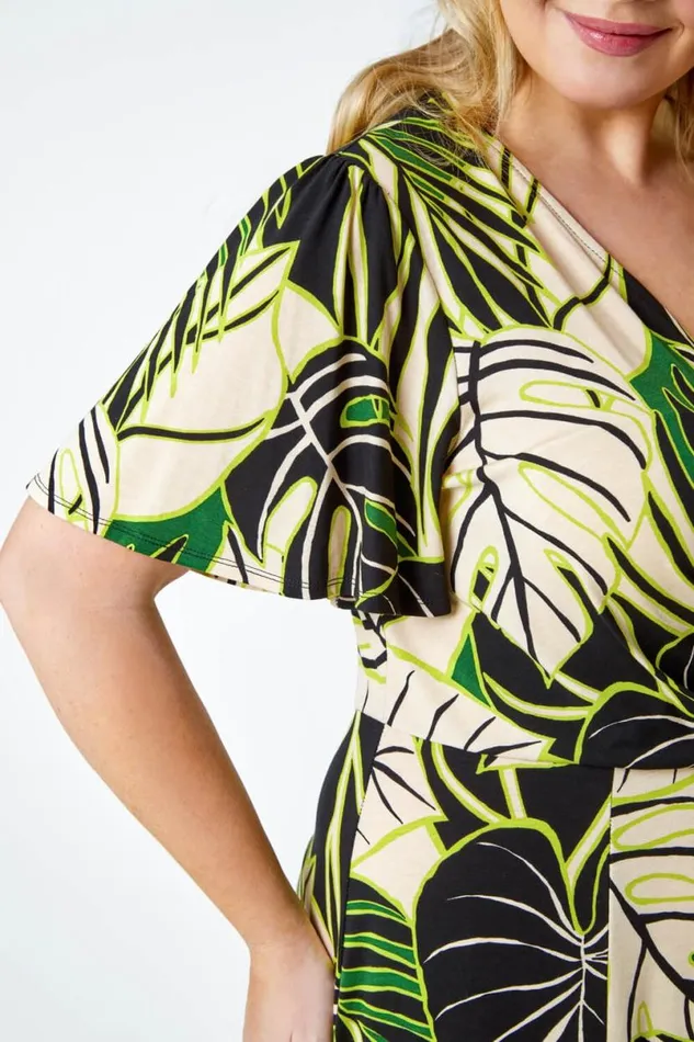 Lime Curve Tropical Leaf Stretch Wrap Dress Women Roman Dresses