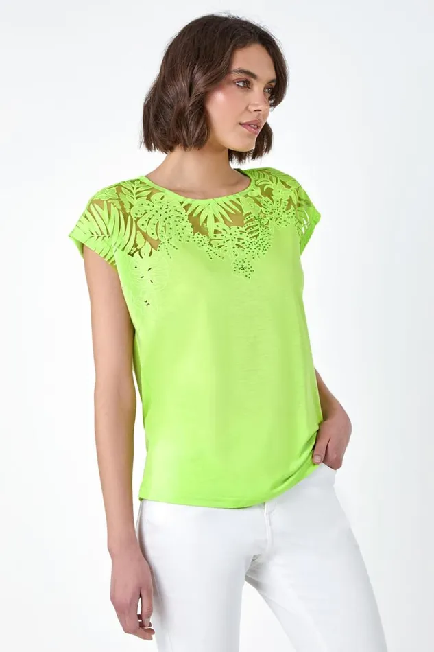 Lime Embellished Palm Print Cut Out TShirt Women Roman Tops