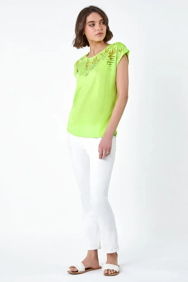 Lime Embellished Palm Print Cut Out TShirt Women Roman Tops