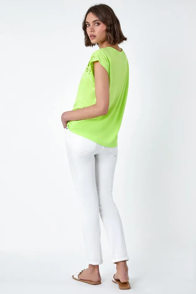 Lime Embellished Palm Print Cut Out TShirt Women Roman Tops