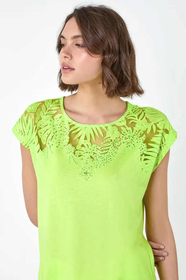 Lime Embellished Palm Print Cut Out TShirt Women Roman Tops