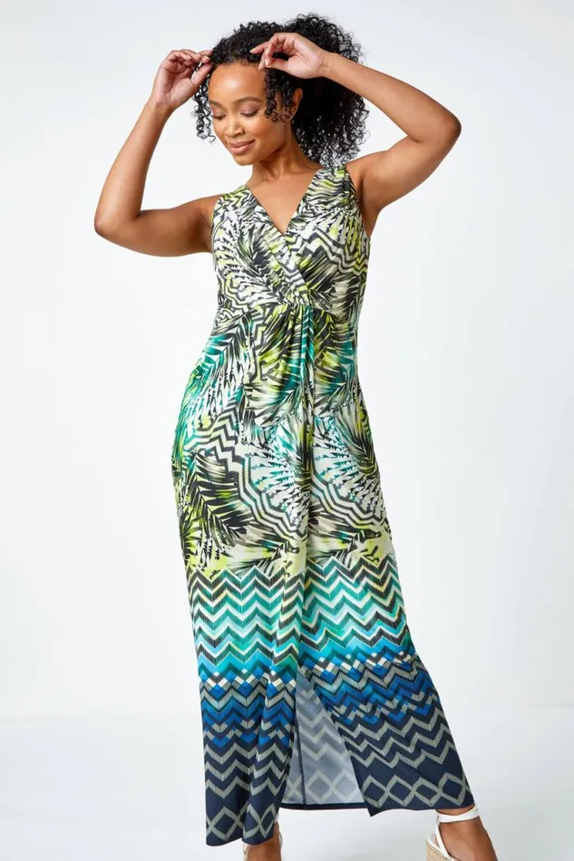 Lime Petite Abstract Print Ruched Wrap Maxi Dress Women Roman Dresses