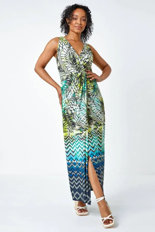 Lime Petite Abstract Print Ruched Wrap Maxi Dress Women Roman Dresses