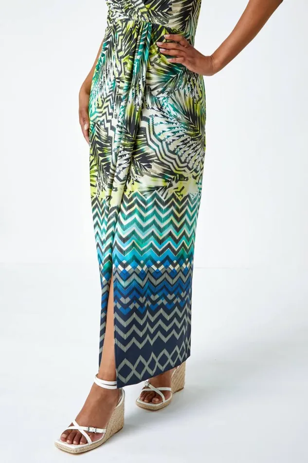 Lime Petite Abstract Print Ruched Wrap Maxi Dress Women Roman Dresses