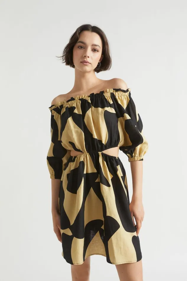 Linen Woman Seed Heritage Abstract Off Shoulder Cut Out Dress Abstract Print