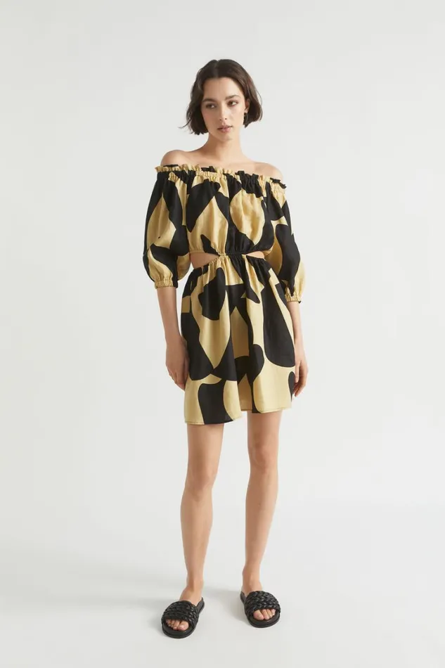 Linen Woman Seed Heritage Abstract Off Shoulder Cut Out Dress Abstract Print