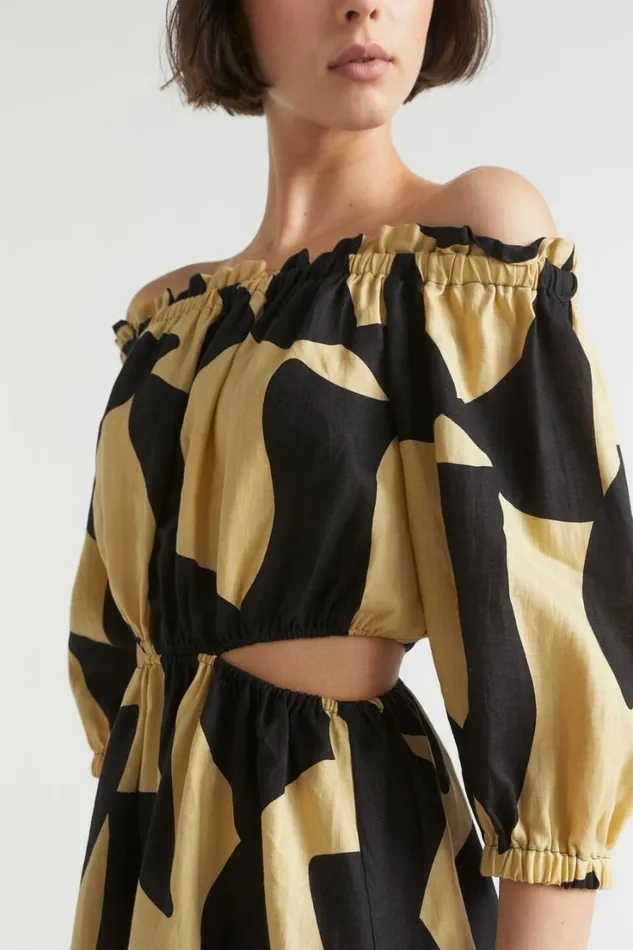 Linen Woman Seed Heritage Abstract Off Shoulder Cut Out Dress Abstract Print