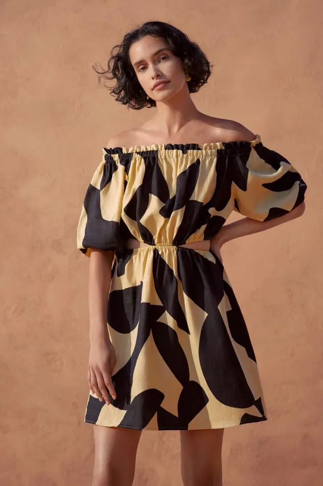 Linen Woman Seed Heritage Abstract Off Shoulder Cut Out Dress Abstract Print