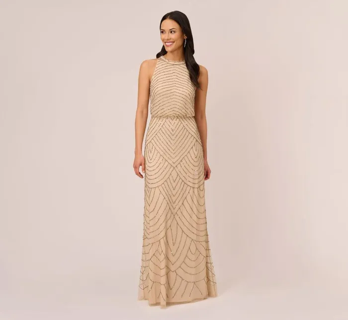 Long Dresses Womens Adrianna Papell Art Deco Beaded Blouson Dress With Halter Neckline In Nude Long Dresses Womens Adrianna Papell Art Deco Beaded Blouson Dress With Halter Neckline In Nude