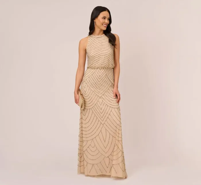 Long Dresses Womens Adrianna Papell Art Deco Beaded Blouson Dress With Halter Neckline In Nude