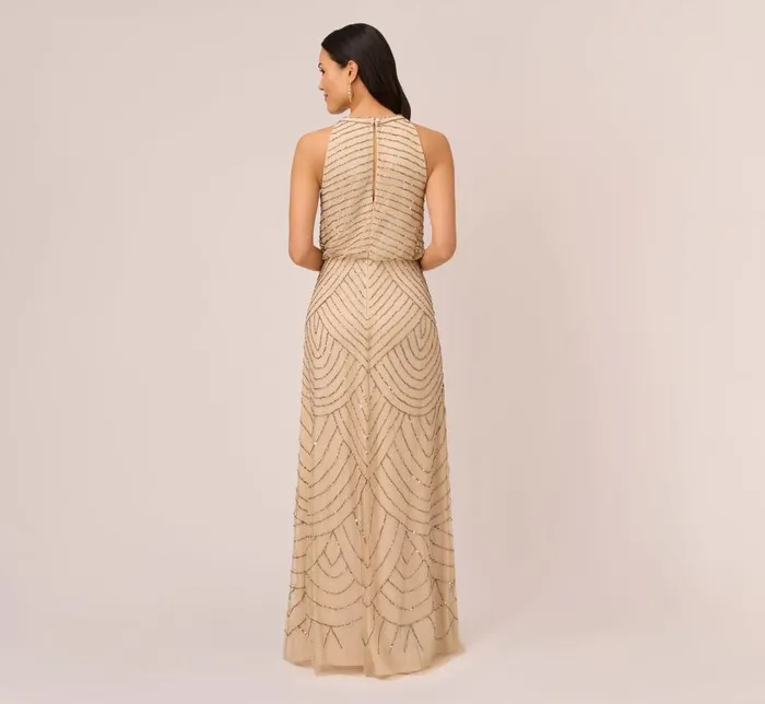 Long Dresses Womens Adrianna Papell Art Deco Beaded Blouson Dress With Halter Neckline In Nude