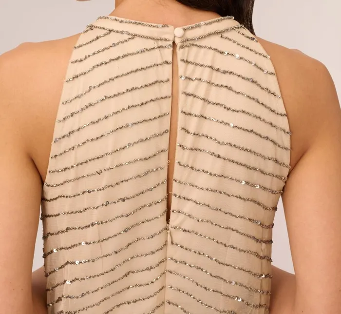 Long Dresses Womens Adrianna Papell Art Deco Beaded Blouson Dress With Halter Neckline In Nude