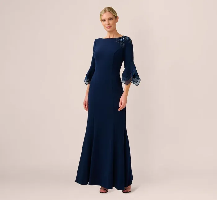 Long Dresses Womens Adrianna Papell Beaded Crepe Long FitAndFlare Gown In Midnight Long Dresses Womens Adrianna Papell Beaded Crepe Long FitAndFlare Gown In Midnight