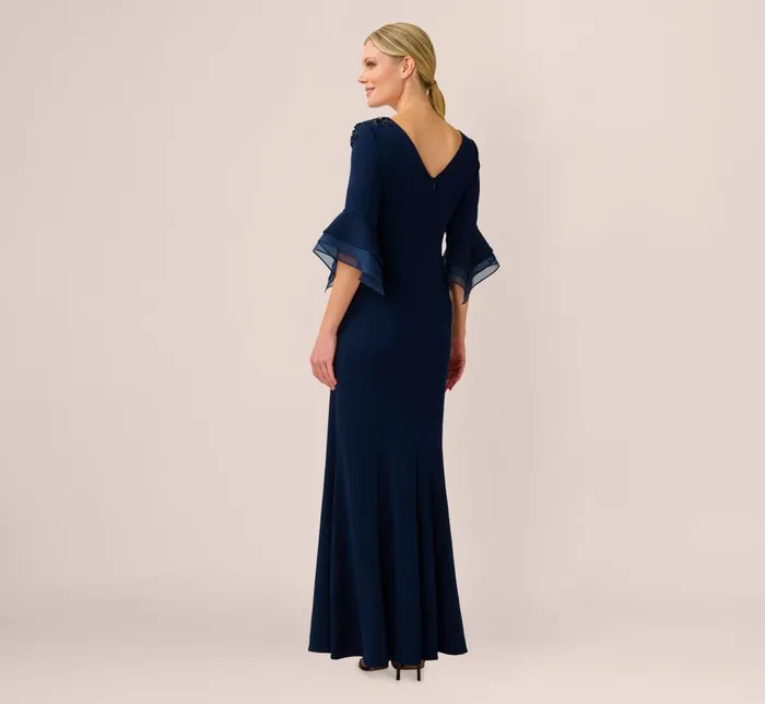 Long Dresses Womens Adrianna Papell Beaded Crepe Long FitAndFlare Gown In Midnight