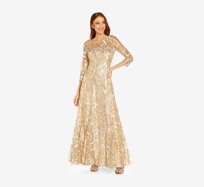 Long Dresses Womens Adrianna Papell Embroidered And HandSequined Illusion ALine Long Gown In Champagne Gold Long Dresses Womens Adrianna Papell Embroidered And HandSequined Illusion ALine Long Gown In Champagne Gold