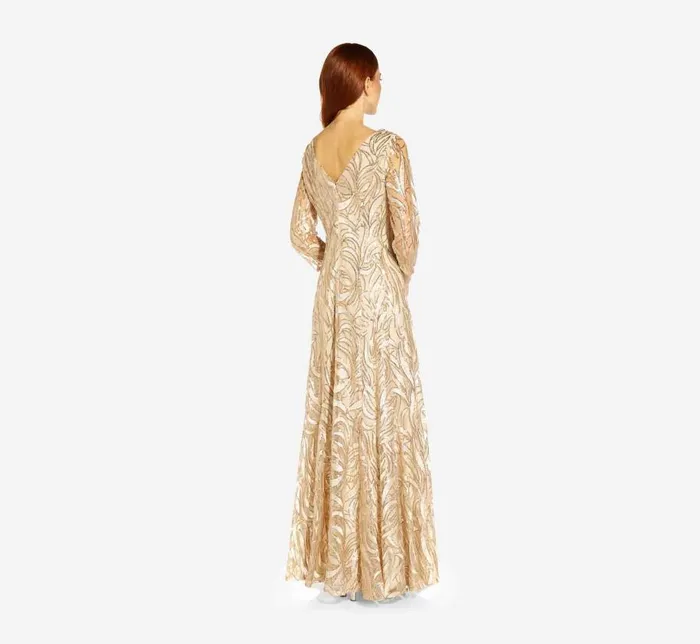 Long Dresses Womens Adrianna Papell Embroidered And HandSequined Illusion ALine Long Gown In Champagne Gold